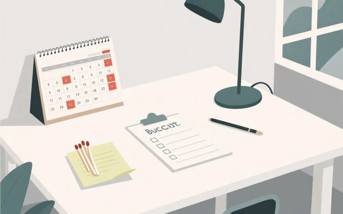 书桌上写着预算计划与比赛赛程表的简洁插画风图